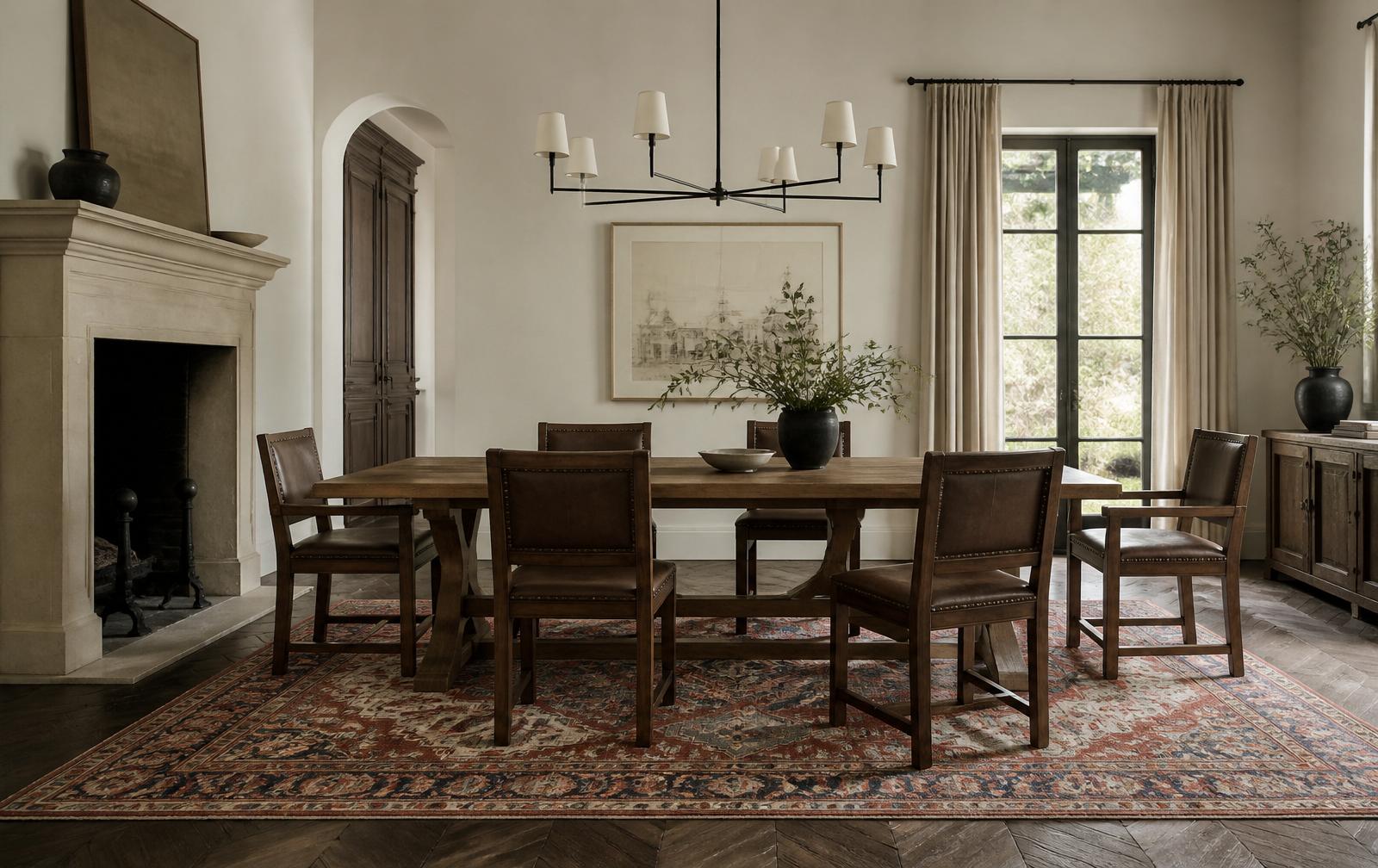 Elegant dining room with a vintage rug